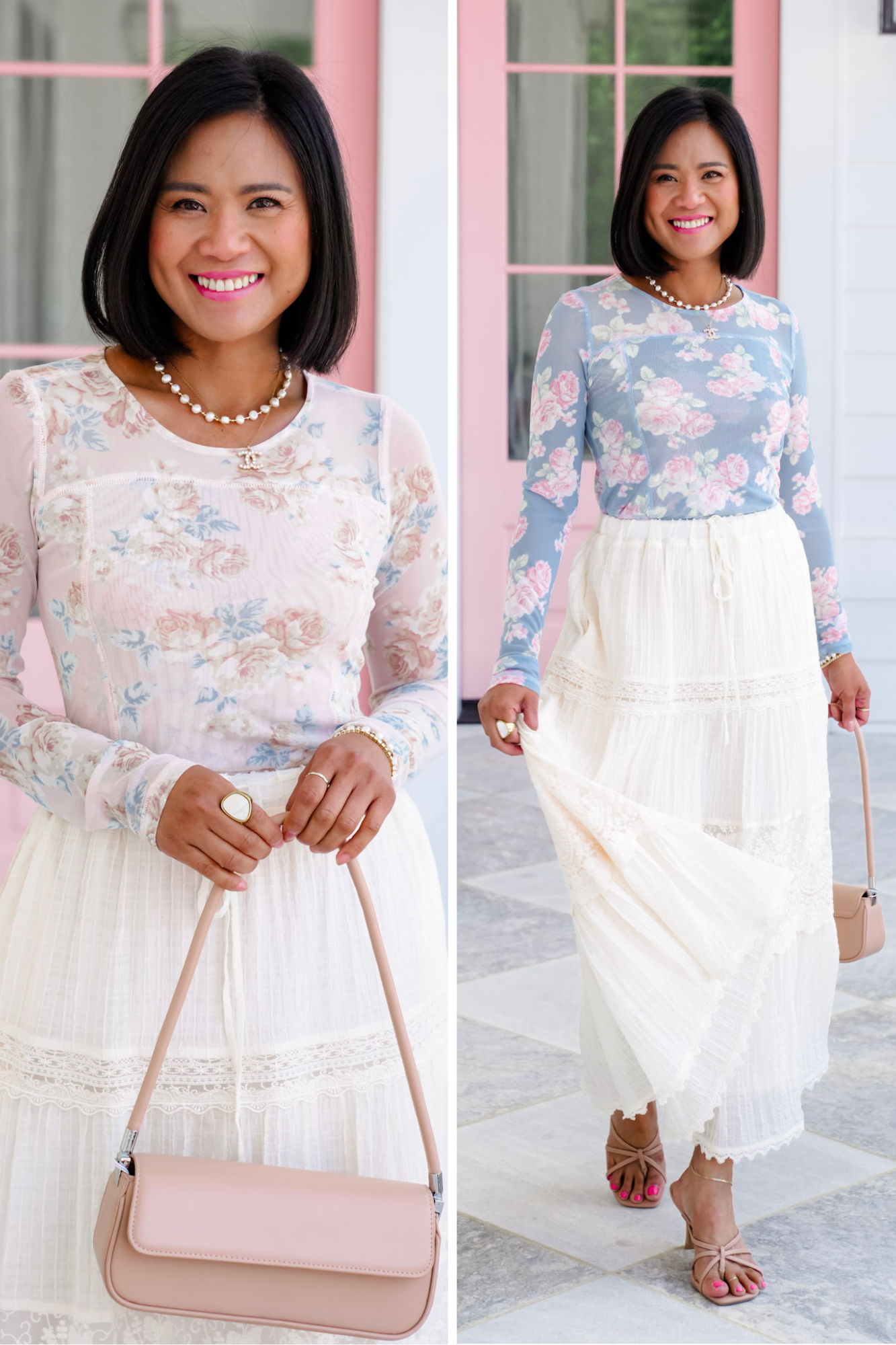 Floral Mesh Long Sleeve with Reverse Seam Detail