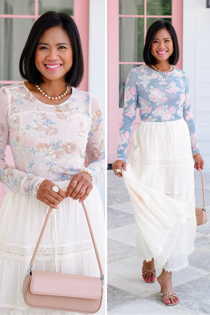 Floral Mesh Long Sleeve with Reverse Seam Detail