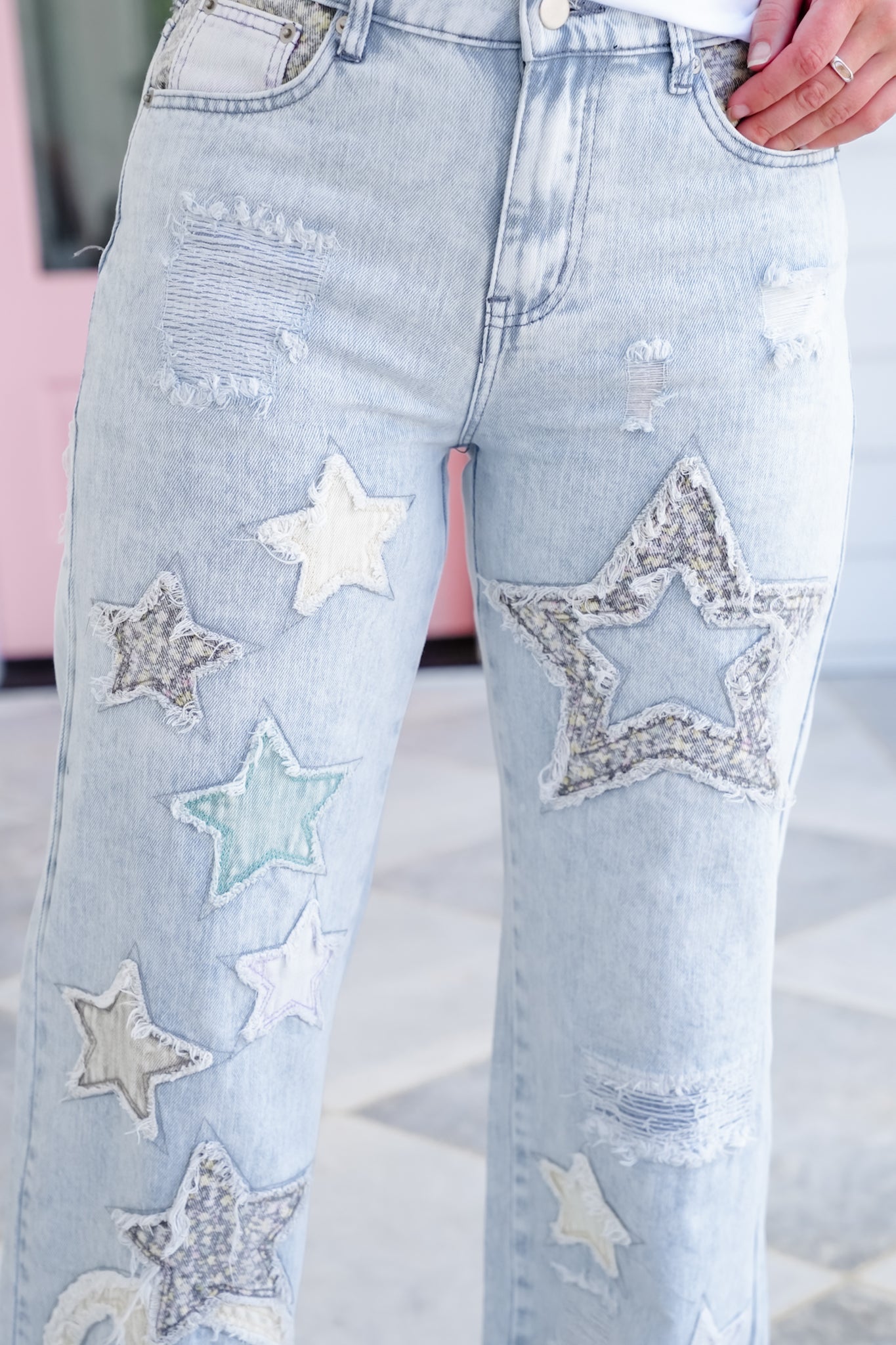 Mineral Wash Wide Leg Denim Jeans with Star Patchwork Detail