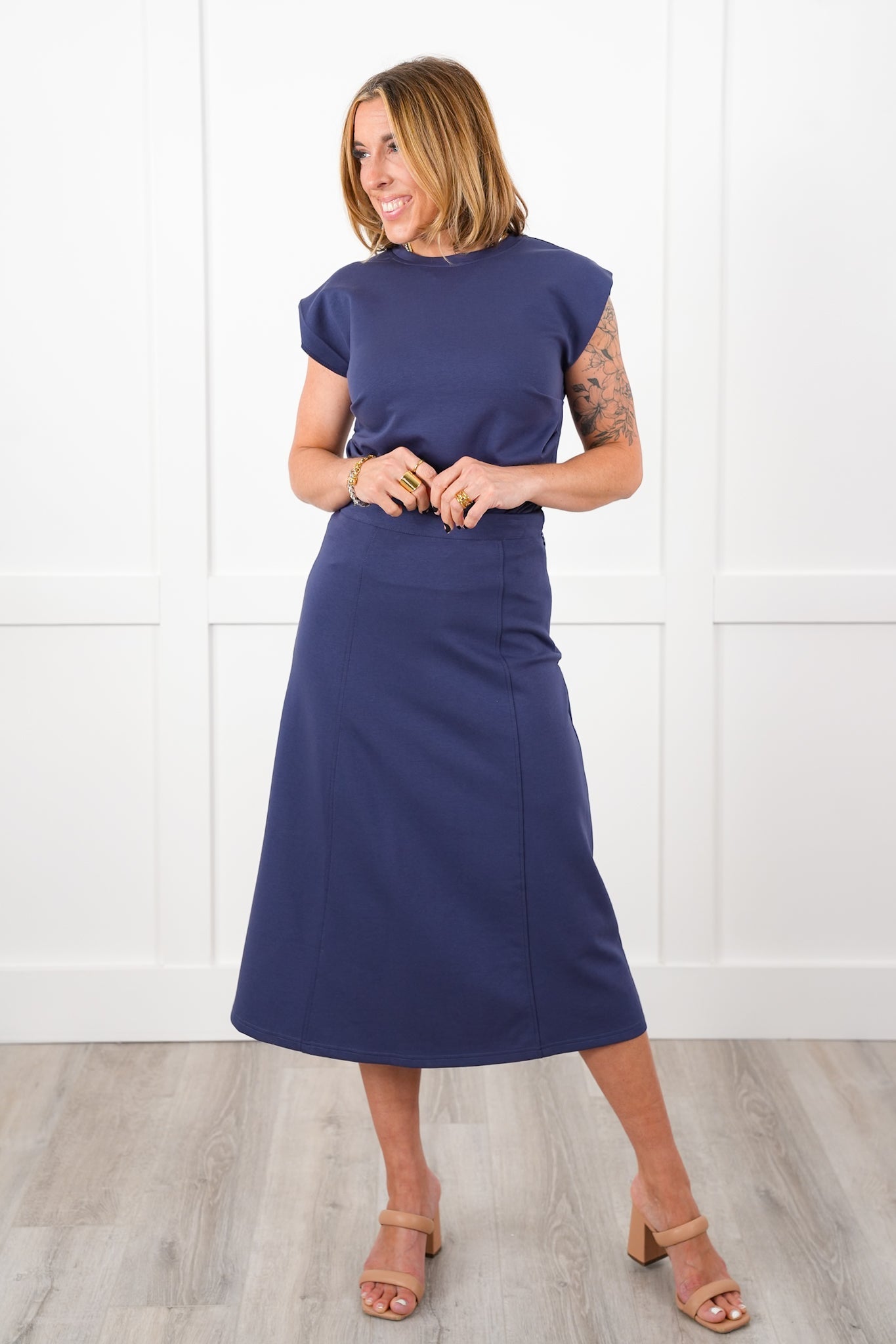 Navy Elastic Waist A-Line Midi Knit Skirt