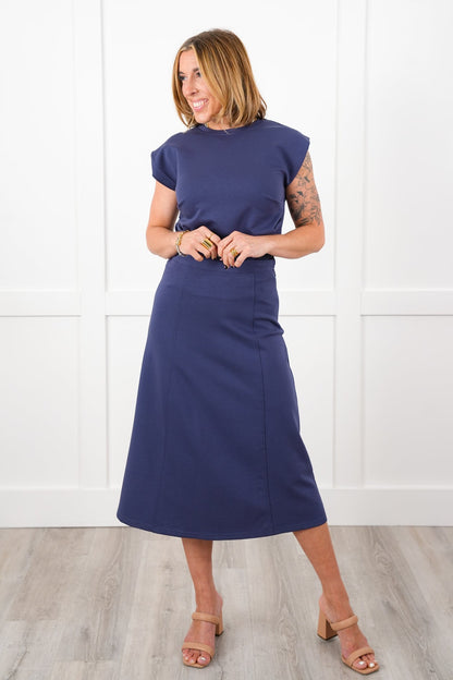 Navy Elastic Waist A-Line Midi Knit Skirt