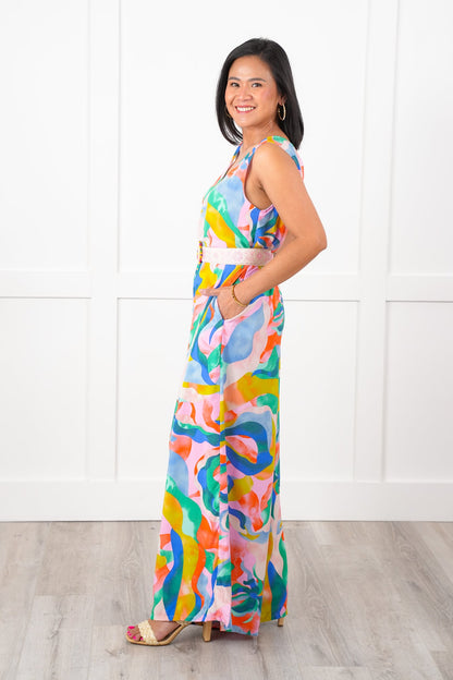 Abstract Print Sleeveless V Neck Wide Leg Jumpsuit