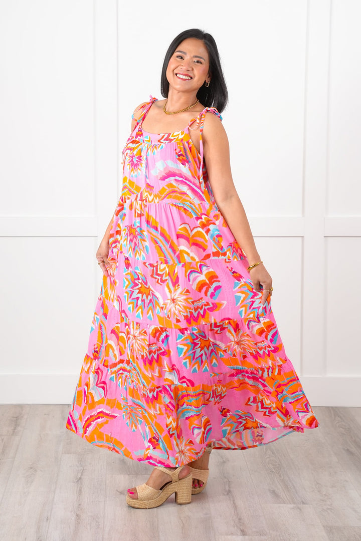 Multi Color Print Sleeveless Tie Shoulder Tiered Ruffle Midi Dress