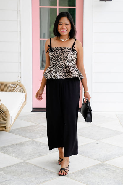 Solid Woven Elastic High Waist Wide Leg Pants