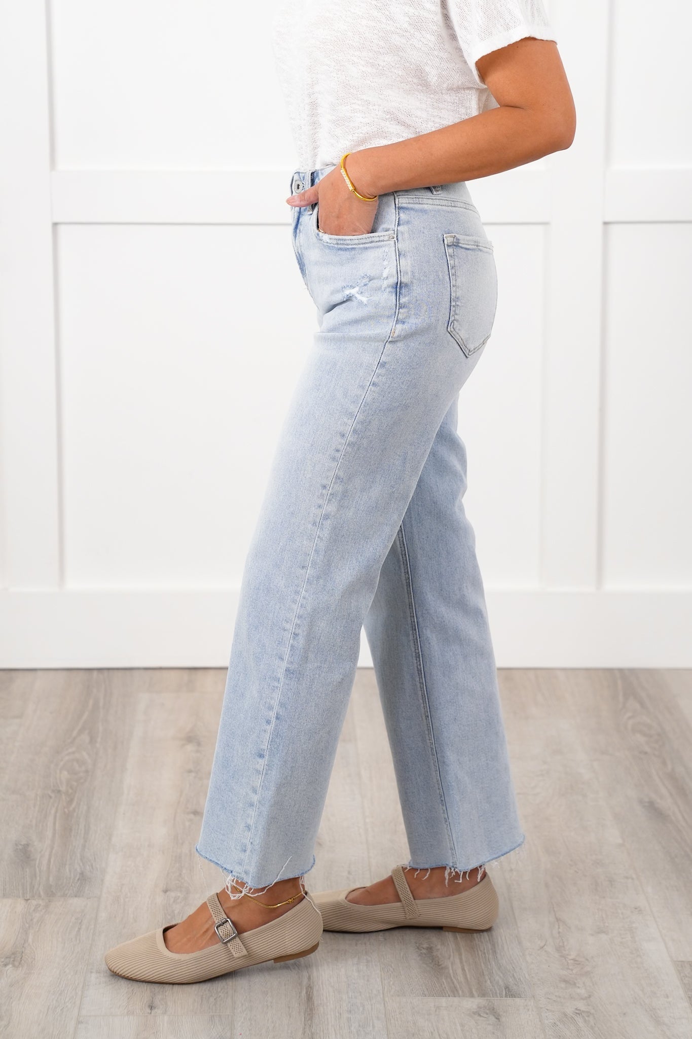 Mica High Rise Light Wash Raw Hem Wide Leg Jeans
