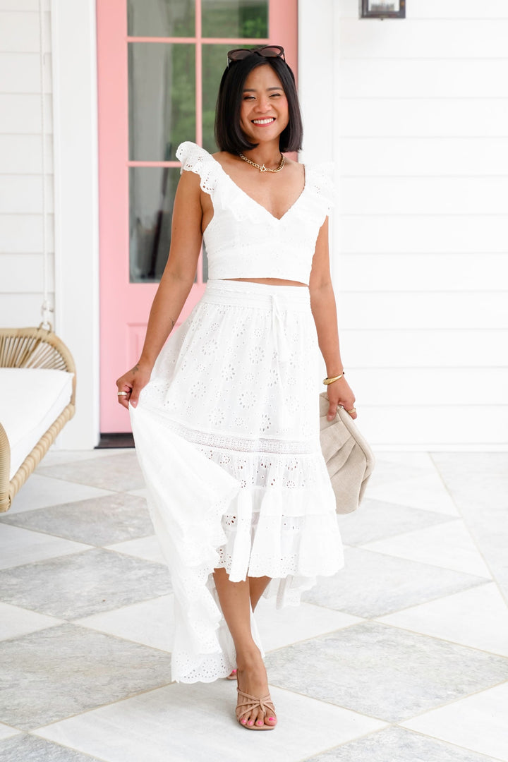 White Eyelet Ruffle Sleeve Crop Top and Hi-Low Skirt Set