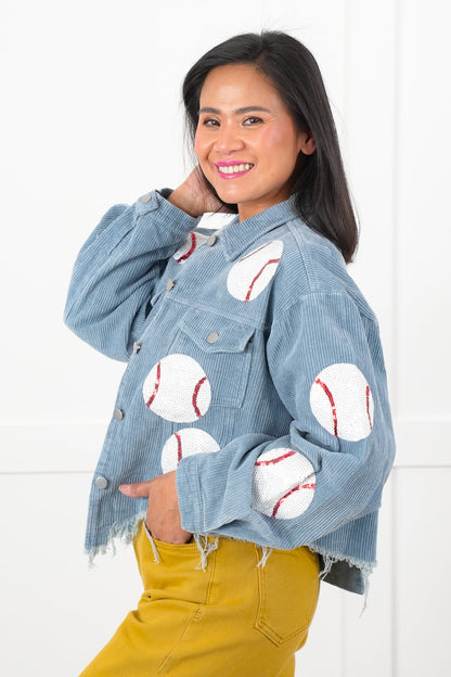 Vintage Wash Corduroy Jacket with Sequin Baseball Patch Detail