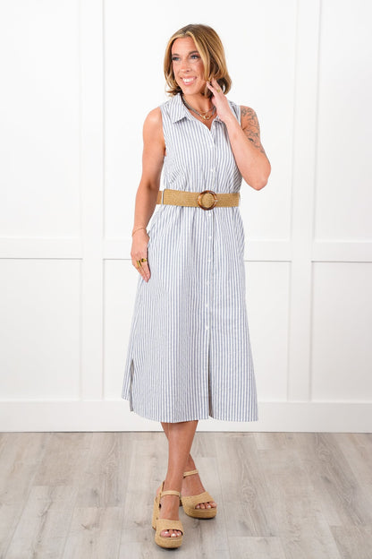 Plus/Reg Sleeveless Stripe Button Down Belted Maxi Dress