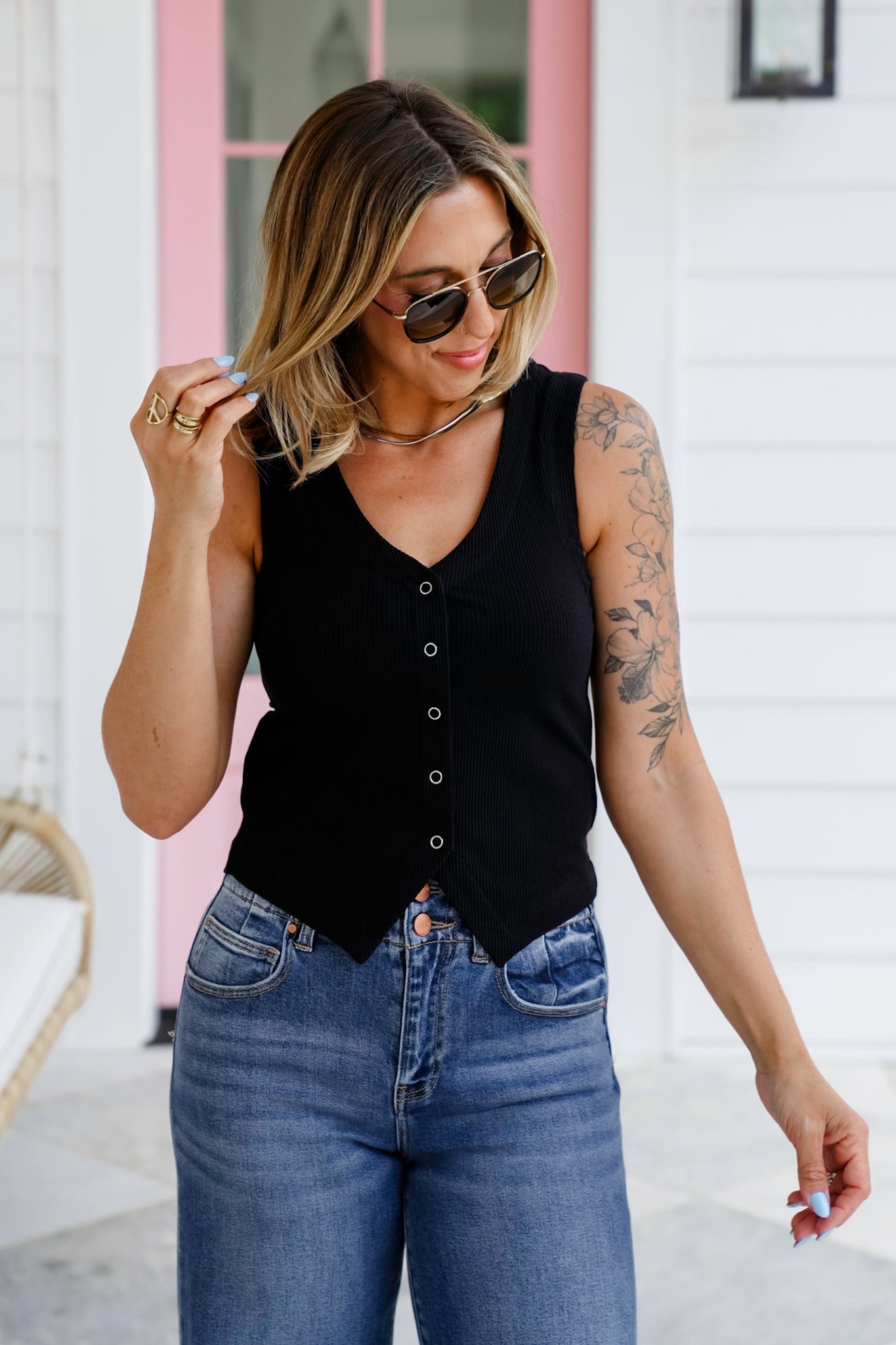 Plus/Reg Ribbed Knit V-Neck Snap Button Down Vest