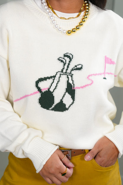 Golf Bag Print Long Sleeve Round Neck Pullover Sweater