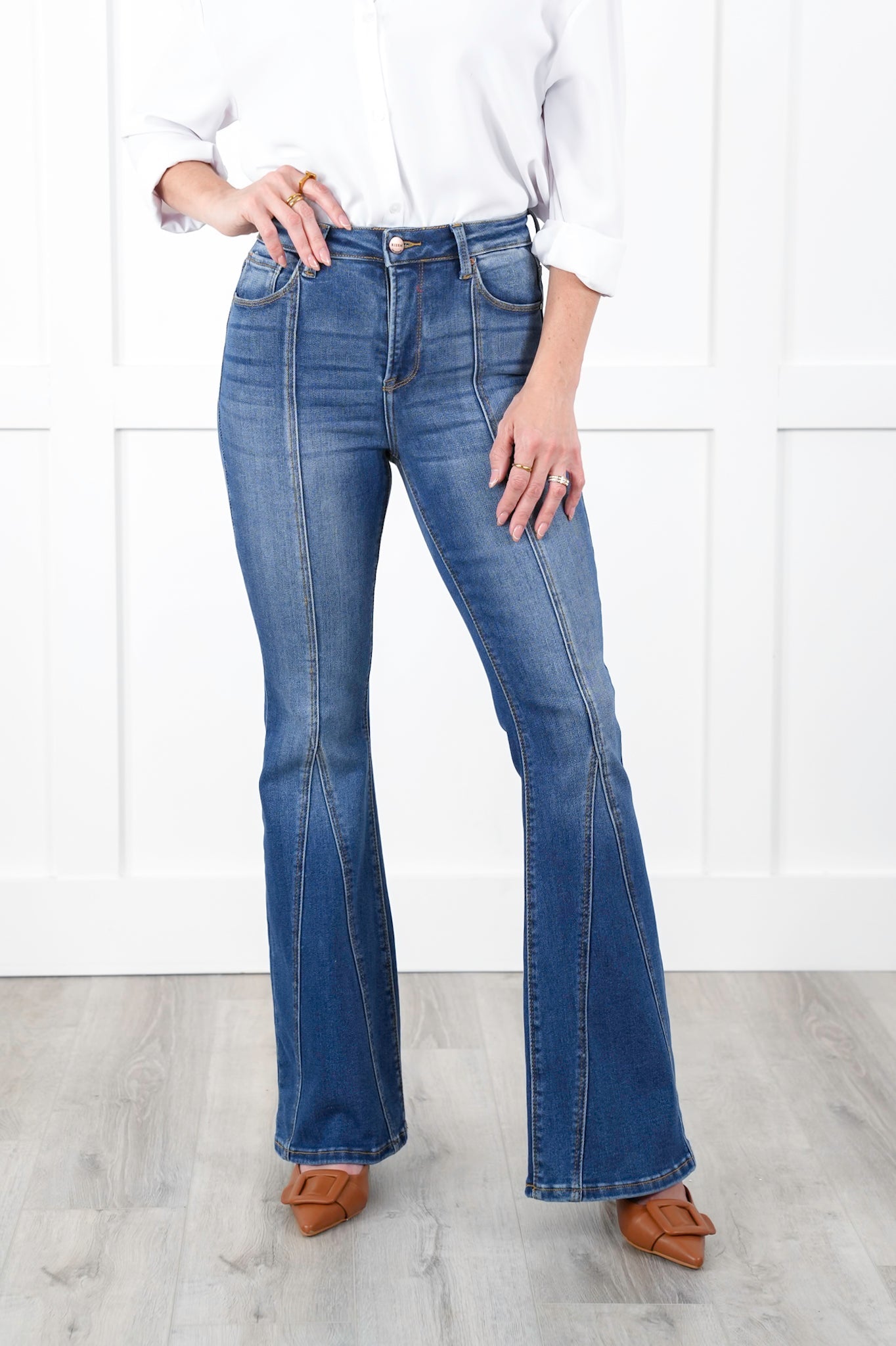 Risen High Rise Dark Wash Flare Jeans with Front Seam Detail