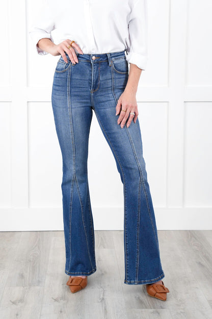 Risen High Rise Dark Wash Flare Jeans with Front Seam Detail