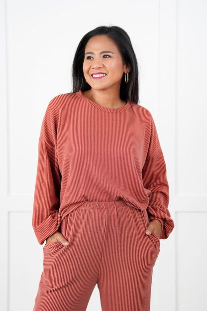 Ribbed Long Sleeve Round Top With Elastic Waistband Lounge Pant Set (Multiple Colors)