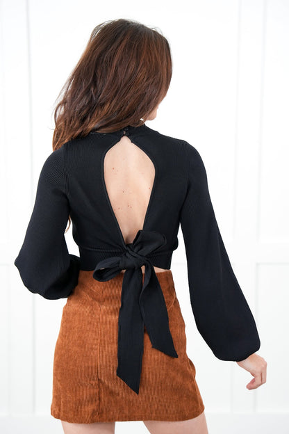 Solid Ribbed Long Sleeve Top with Open Back Tie Detail