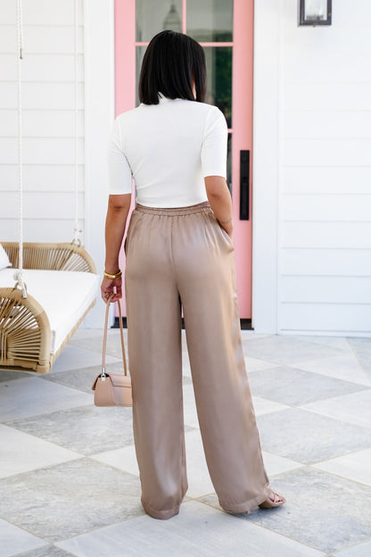 Satin Elastic High Waist Wide Leg with Side Pockets