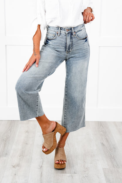 Judy Blue The Olivia Mid Rise Light Wash Tummy Control Raw Hem Cropped Wide Leg Jeans