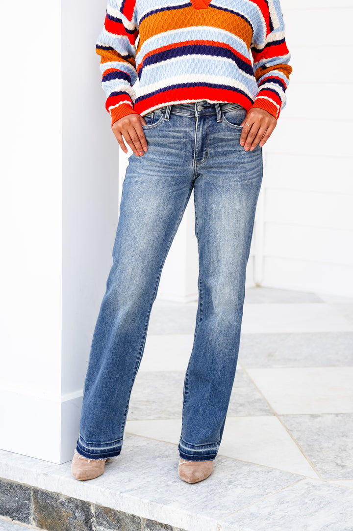 Judy Blue Stop and Look  Mid Rise Dark Wash Dad Jeans with Release Hem