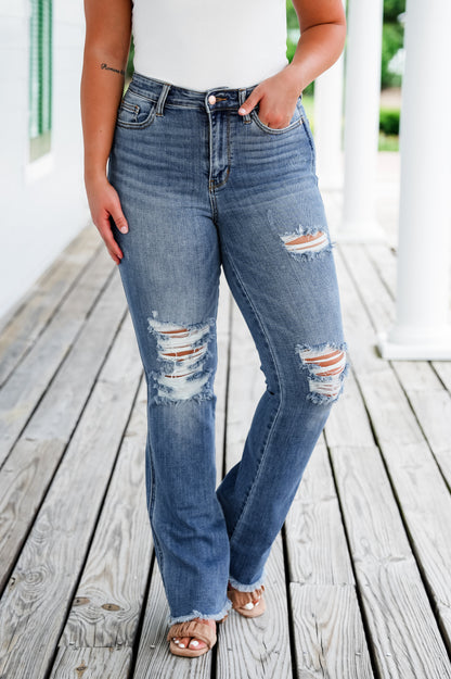 Judy Blue Honey  Pie High Rise Medium Wash Distressed Frayed Hem Bootcut Jeans