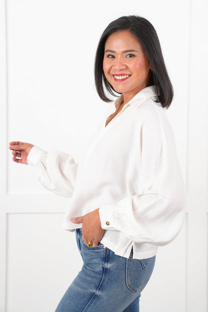 White Long Dolman Sleeve V Neck Short Blouse