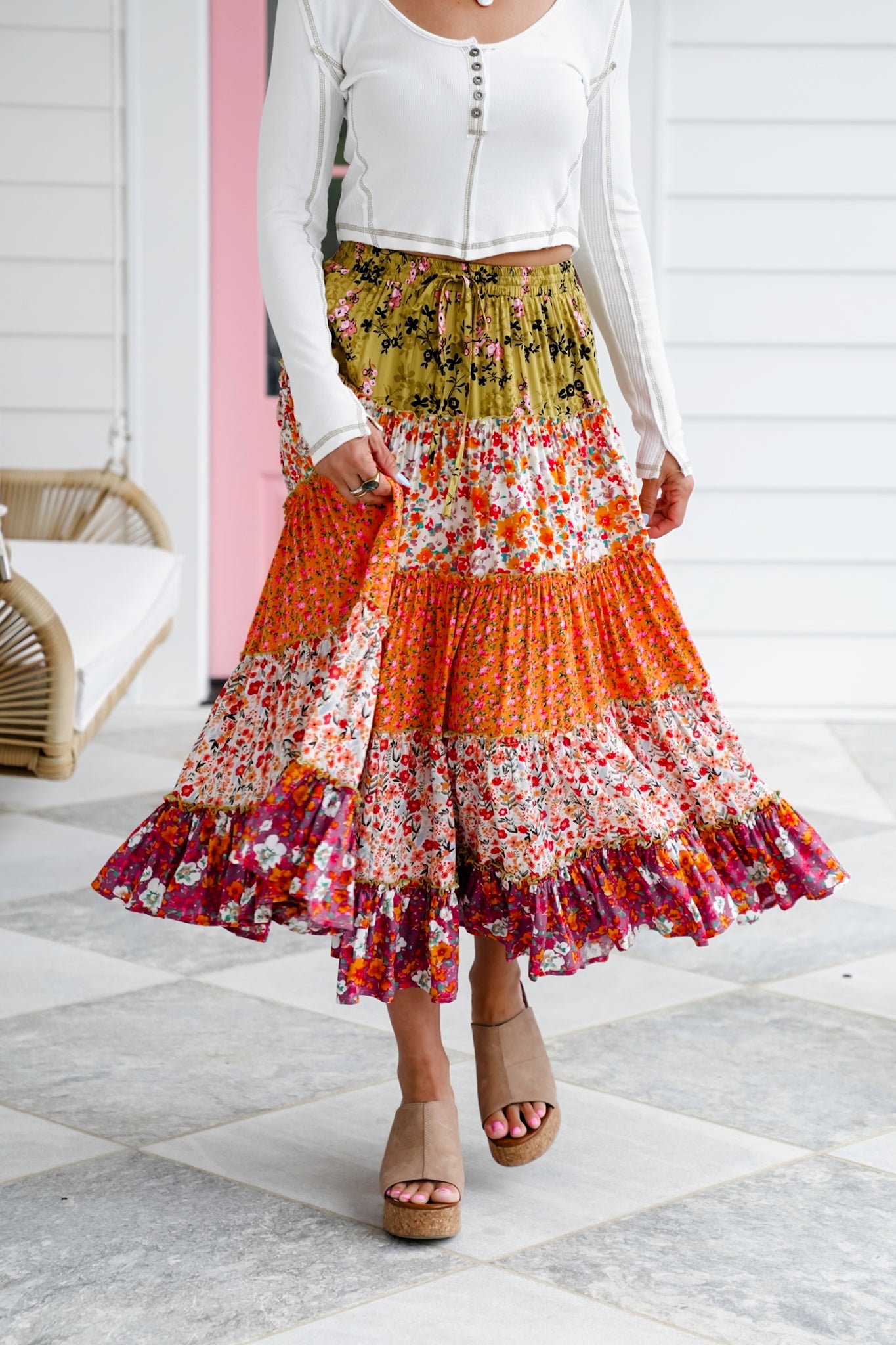 Plus/Reg Mixed Floral Print Elastic Waist Tiered Skirt