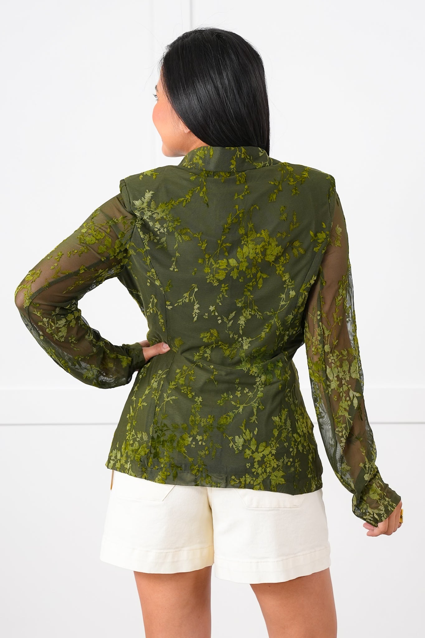Olive Floral Mesh Velvet Long Sleeve Double Breasted Blazer