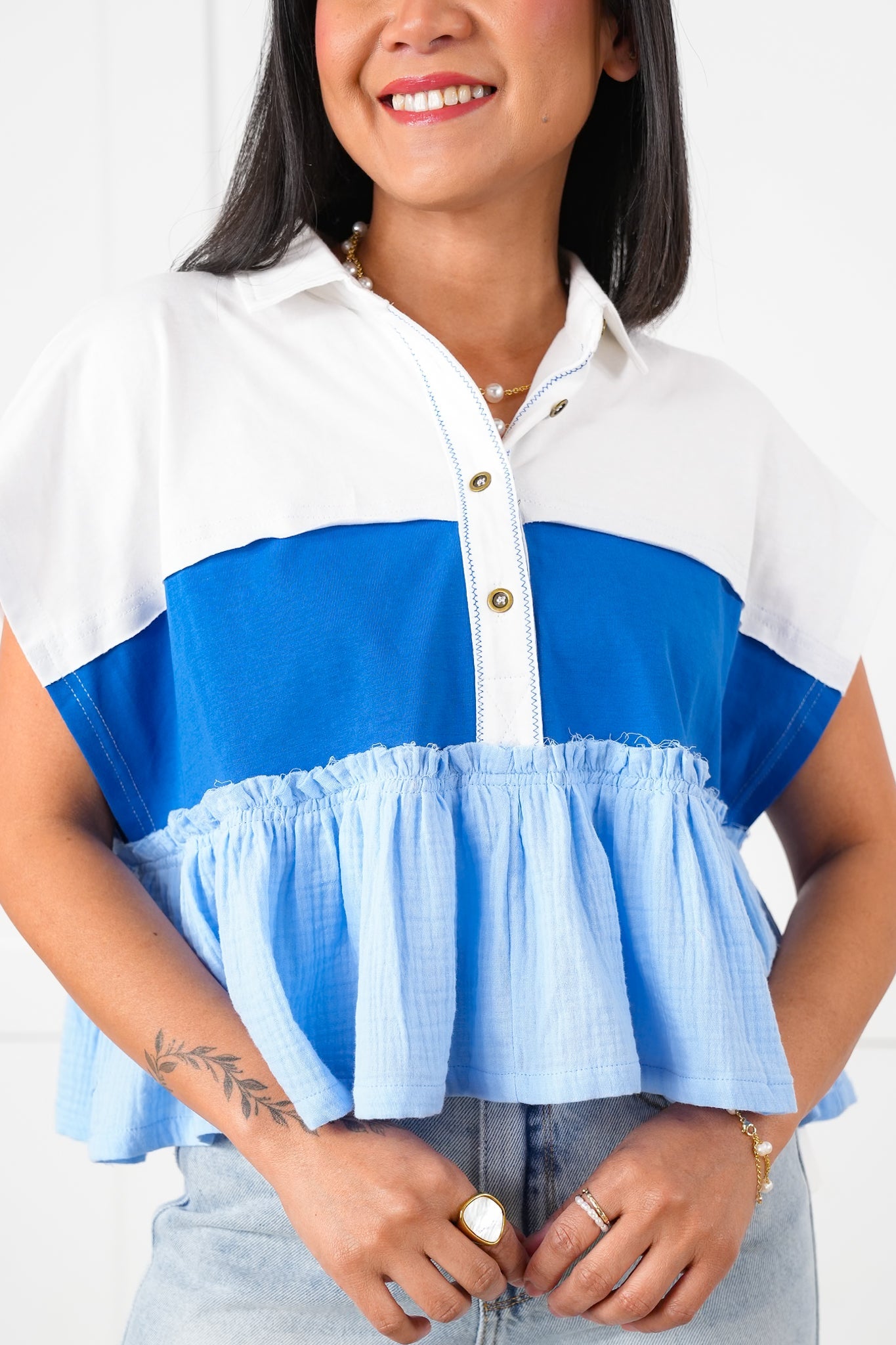 Color Block Short Sleeve Button Up Ruffle Top
