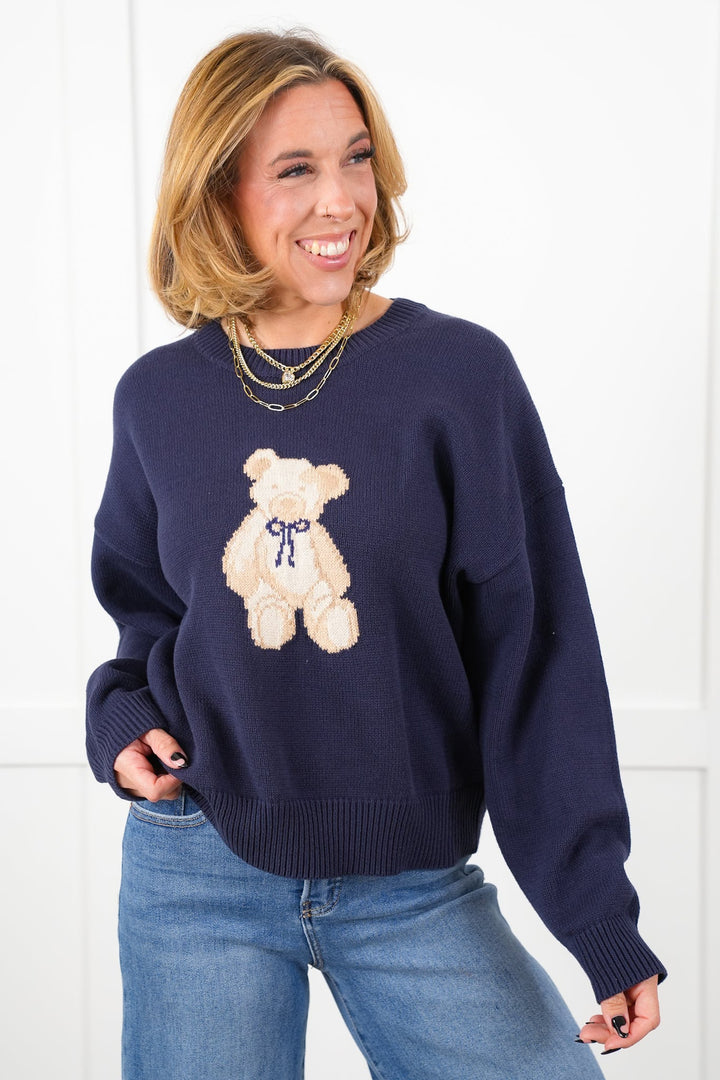 Long Sleeve Crew Neck Sweater with Teddy Bear Detail