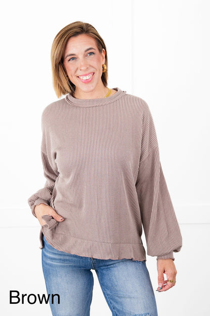 Ribbed Knit Long Sleeve Pullover Top
