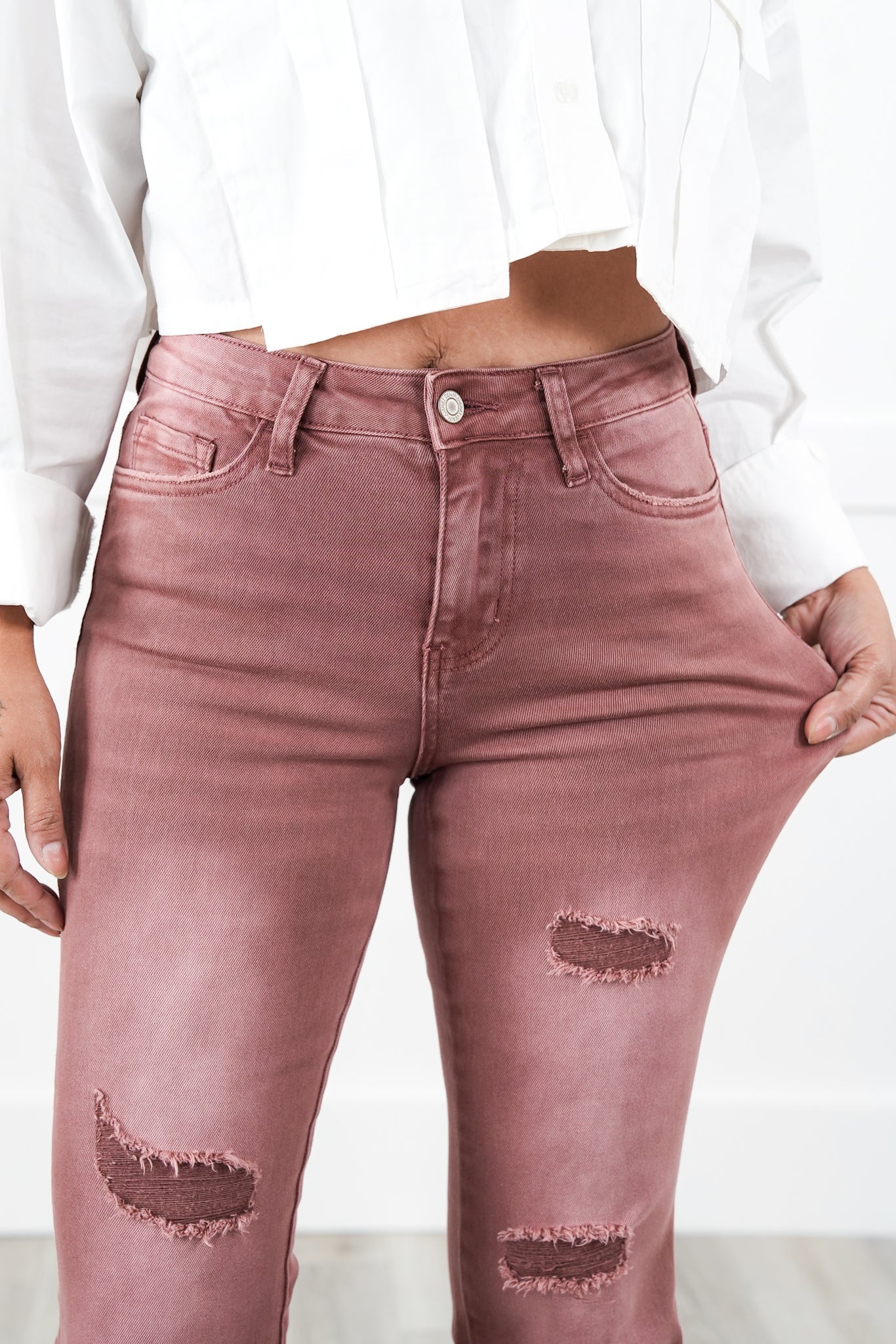 Vervet High Rise Dark Mauve Distressed Bootcut Jeans