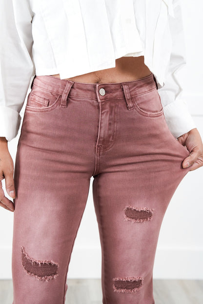 Vervet High Rise Dark Mauve Distressed Bootcut Jeans
