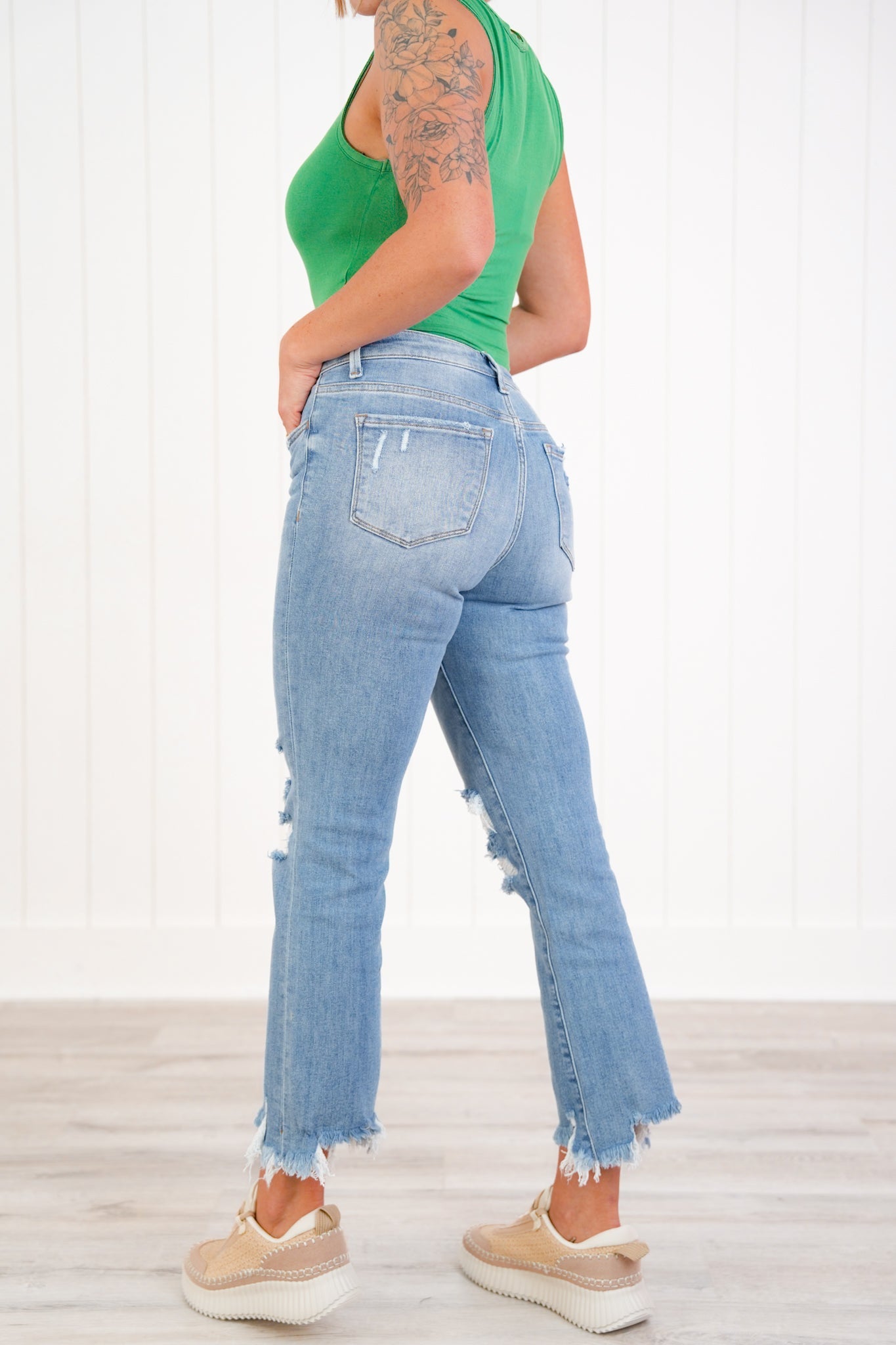 Lovervet High Rise Medium Wash Distressed Cropped Flare Jeans