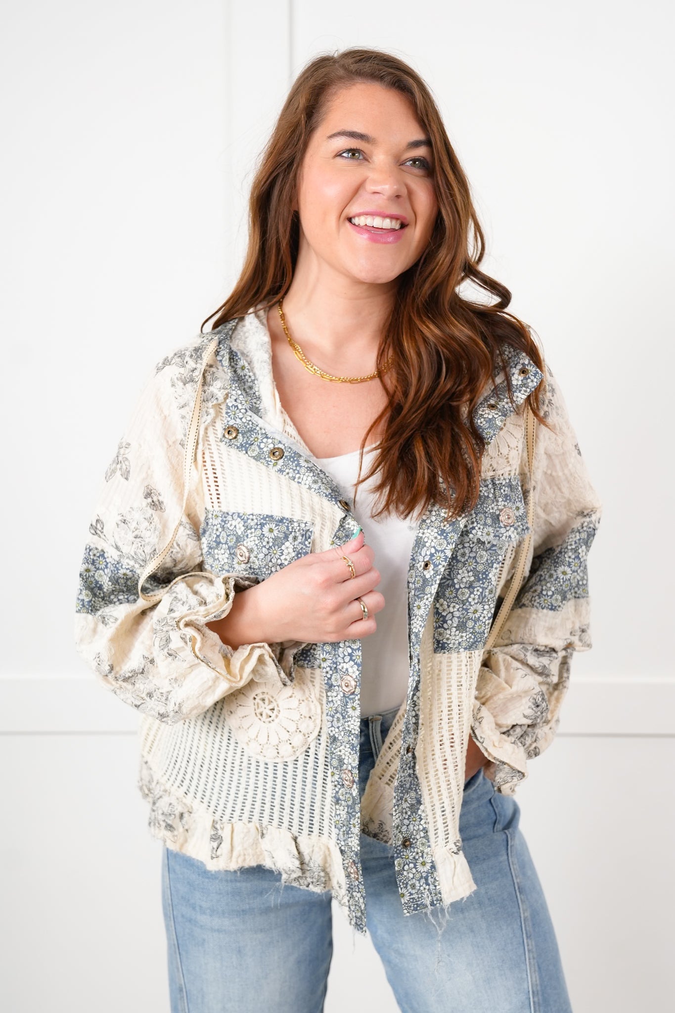 POL Crochet and Floral Long Sleeve Hooded Jacket