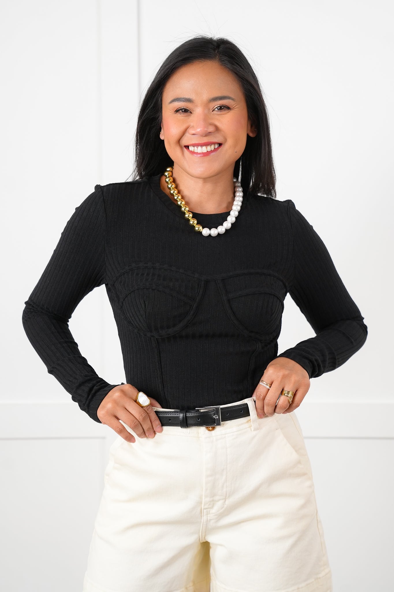 Ribbed Knit Long Sleeve Corset Top