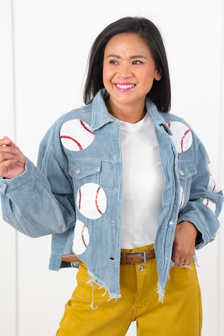 Vintage Wash Corduroy Jacket with Sequin Baseball Patch Detail