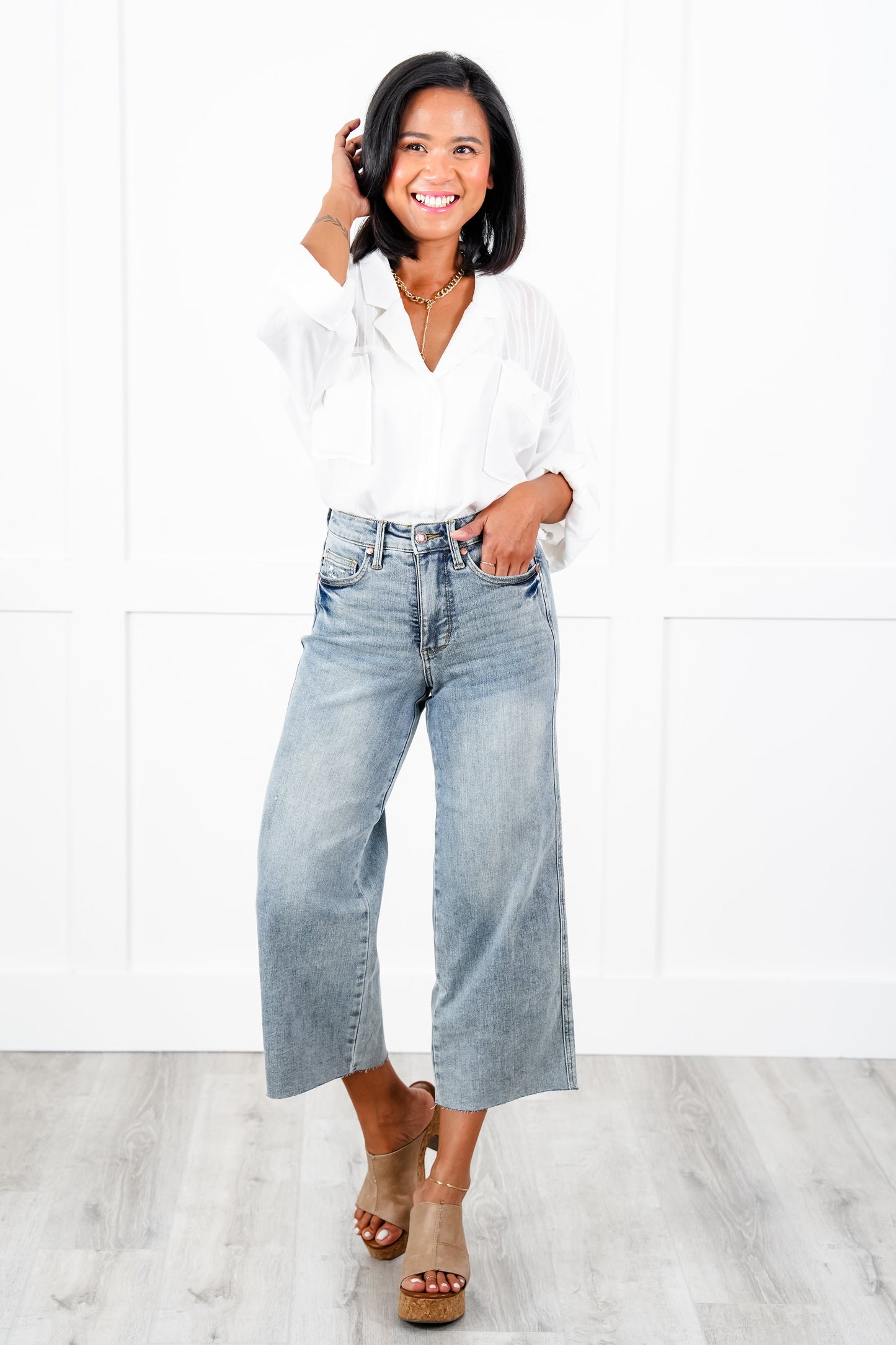 Judy Blue The Olivia Mid Rise Light Wash Tummy Control Raw Hem Cropped Wide Leg Jeans