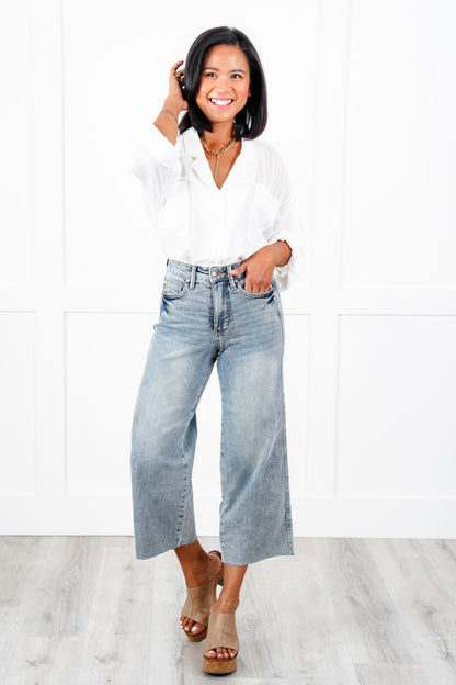 Judy Blue The Olivia Mid Rise Light Wash Tummy Control Raw Hem Cropped Wide Leg Jeans