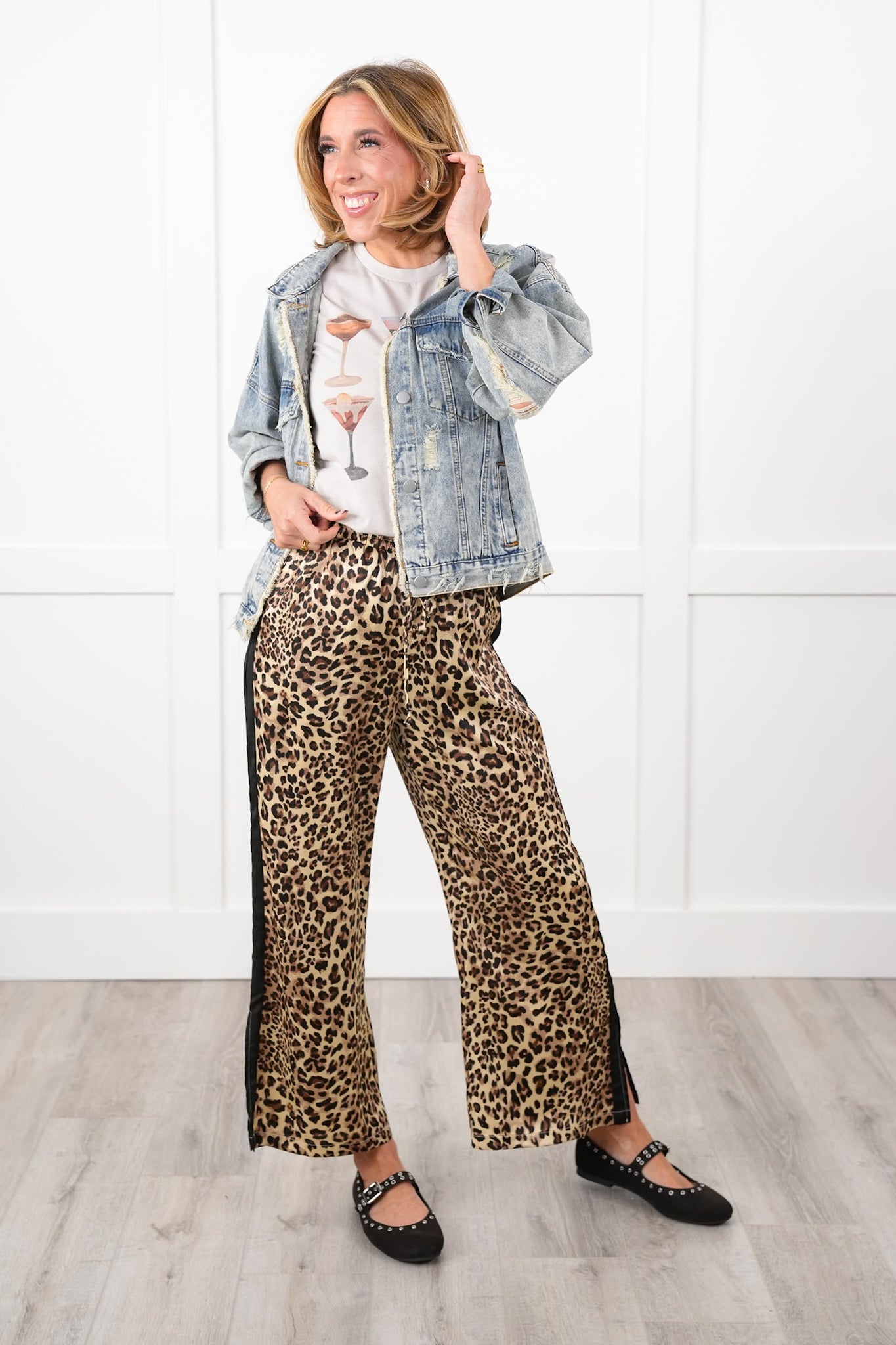 Leopard Elastic Waist Pull-On Pants with Stripe Detail
