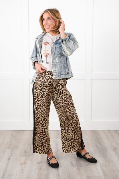 Leopard Elastic Waist Pull-On Pants with Stripe Detail