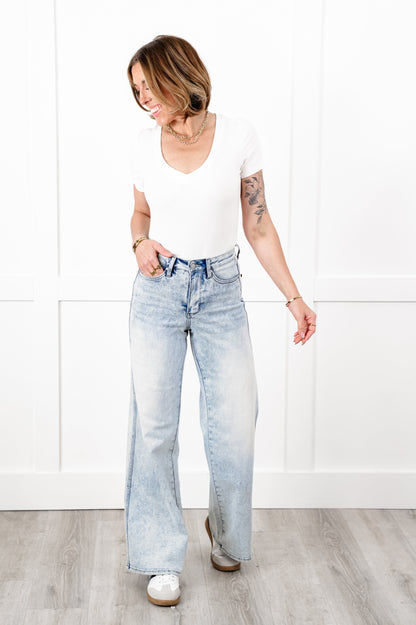 Judy Blue High Rise Light Wash Tummy Control Retro Wide Leg Jeans