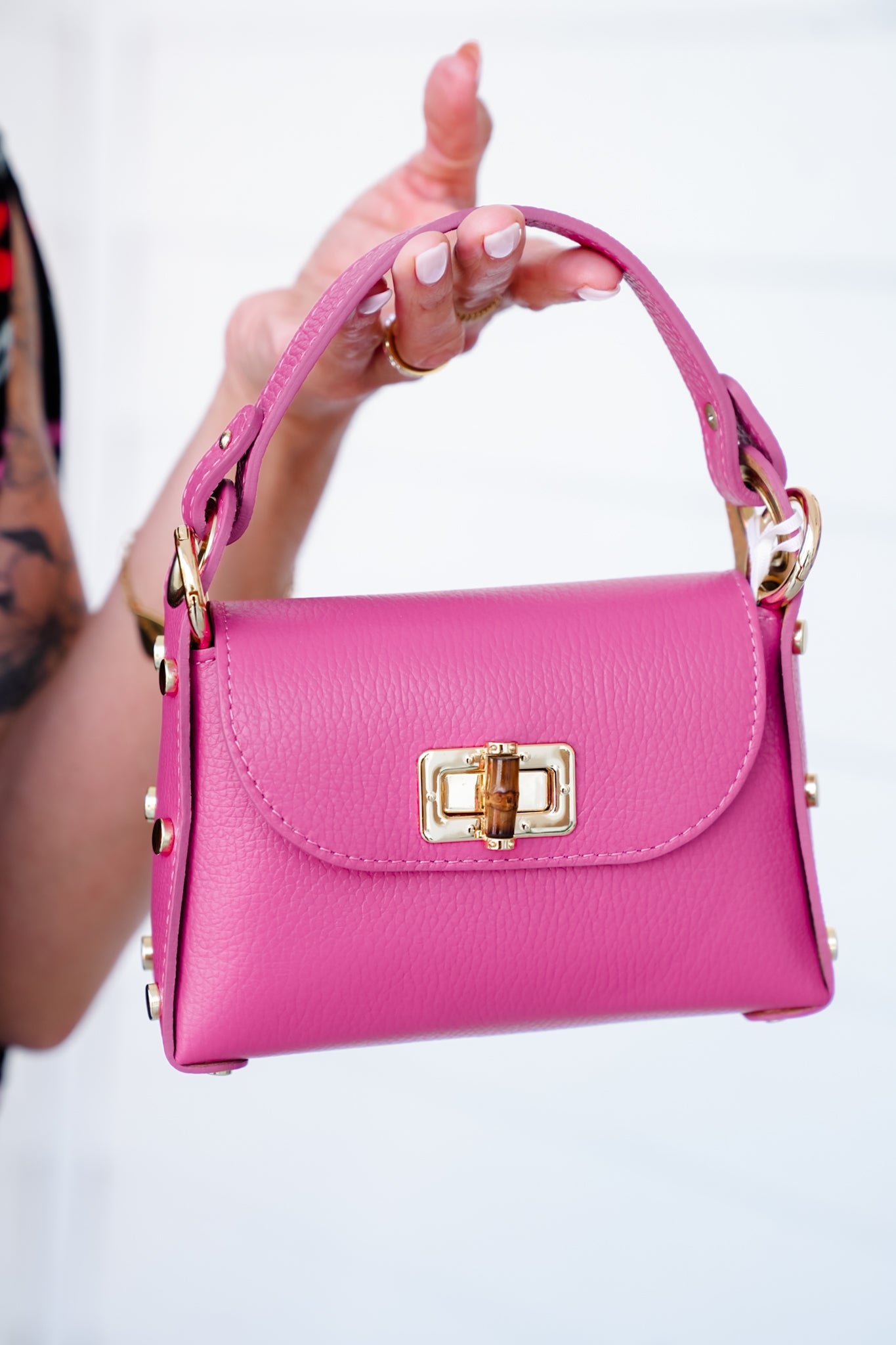 Leather Hand Bag with Bamboo Clasp
