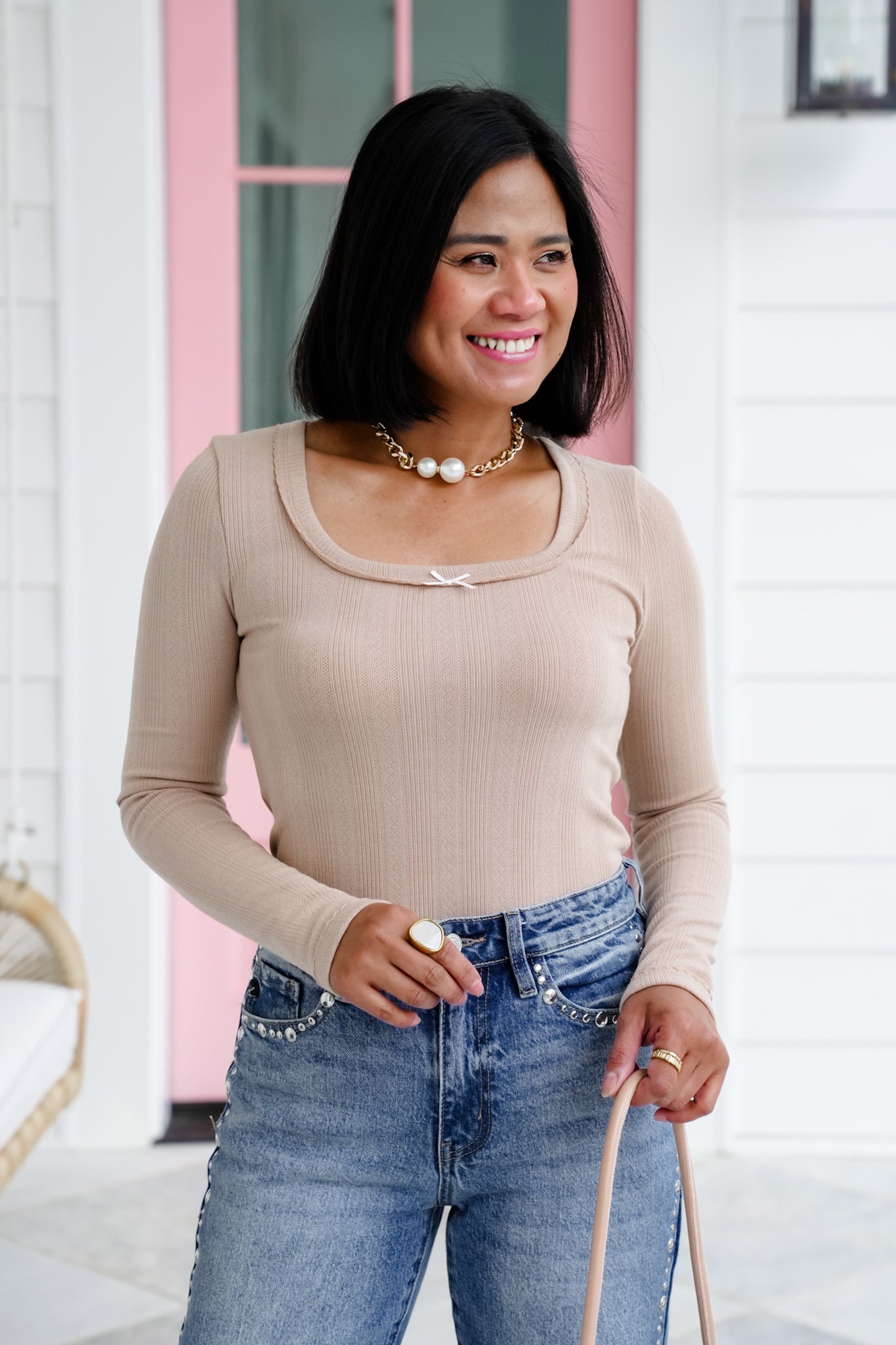 Knit Long Sleeve Square Neck Top with Bow Detail