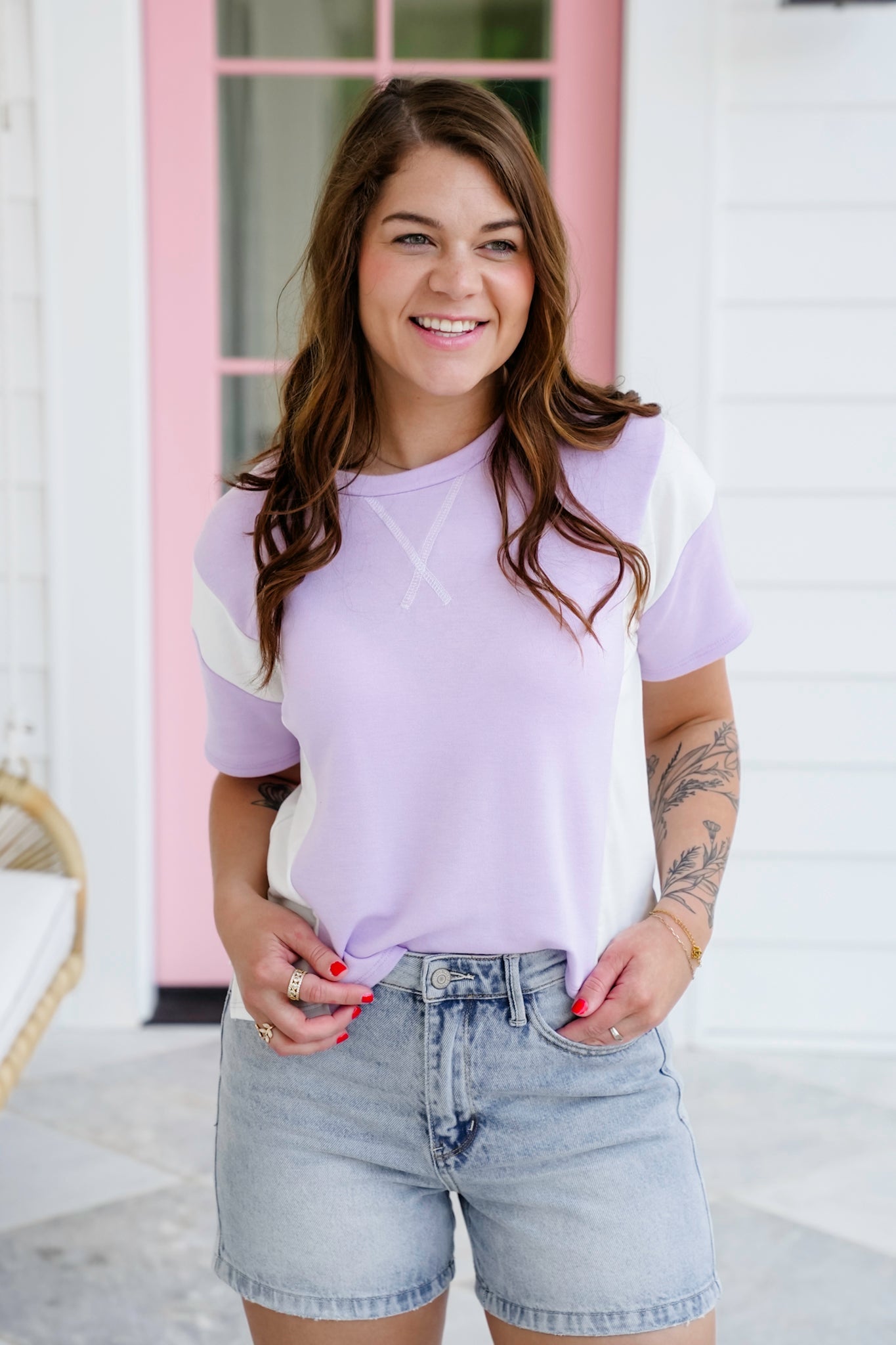 Plus/Reg Color Block Short Sleeve Round Neck Top With Side Slit