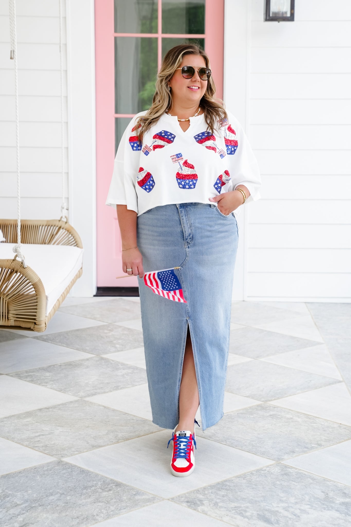 Short Sleeve Cropped Tee Shirt with Sequin American Flag Cupcake Detail