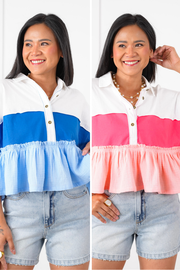Color Block Short Sleeve Button Up Ruffle Top
