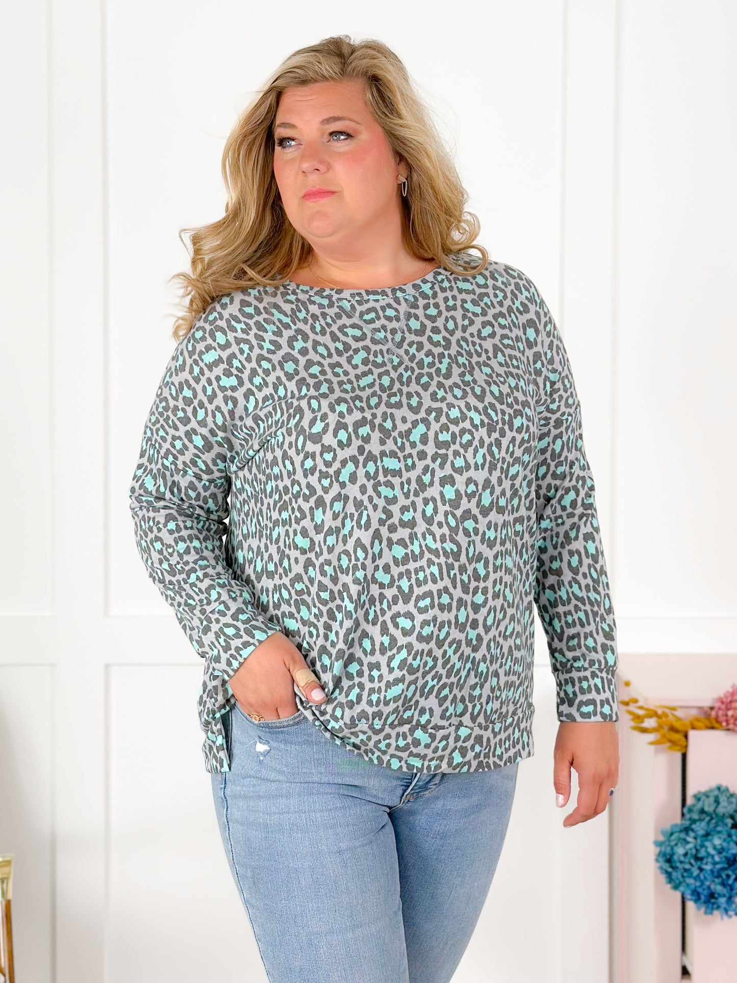 Plus/Reg Grey And Mint Leopard Long Sleeve Pullover Top