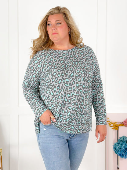Plus/Reg Grey And Mint Leopard Long Sleeve Pullover Top