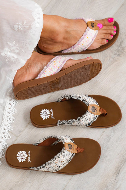 Restock! Yellow Box "Fiditi" Frayed Fabric Strap Flip Flop Sandal