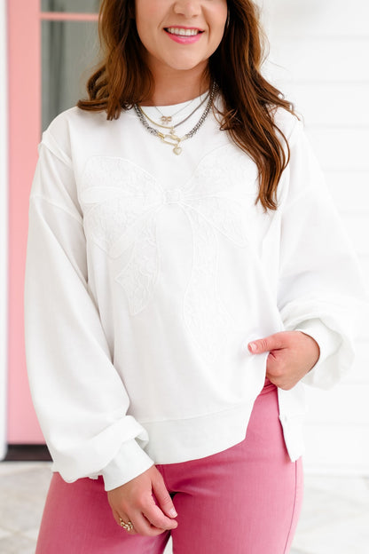 Long Sleeve Pullover Sweatshirt with Lace Bow Detail