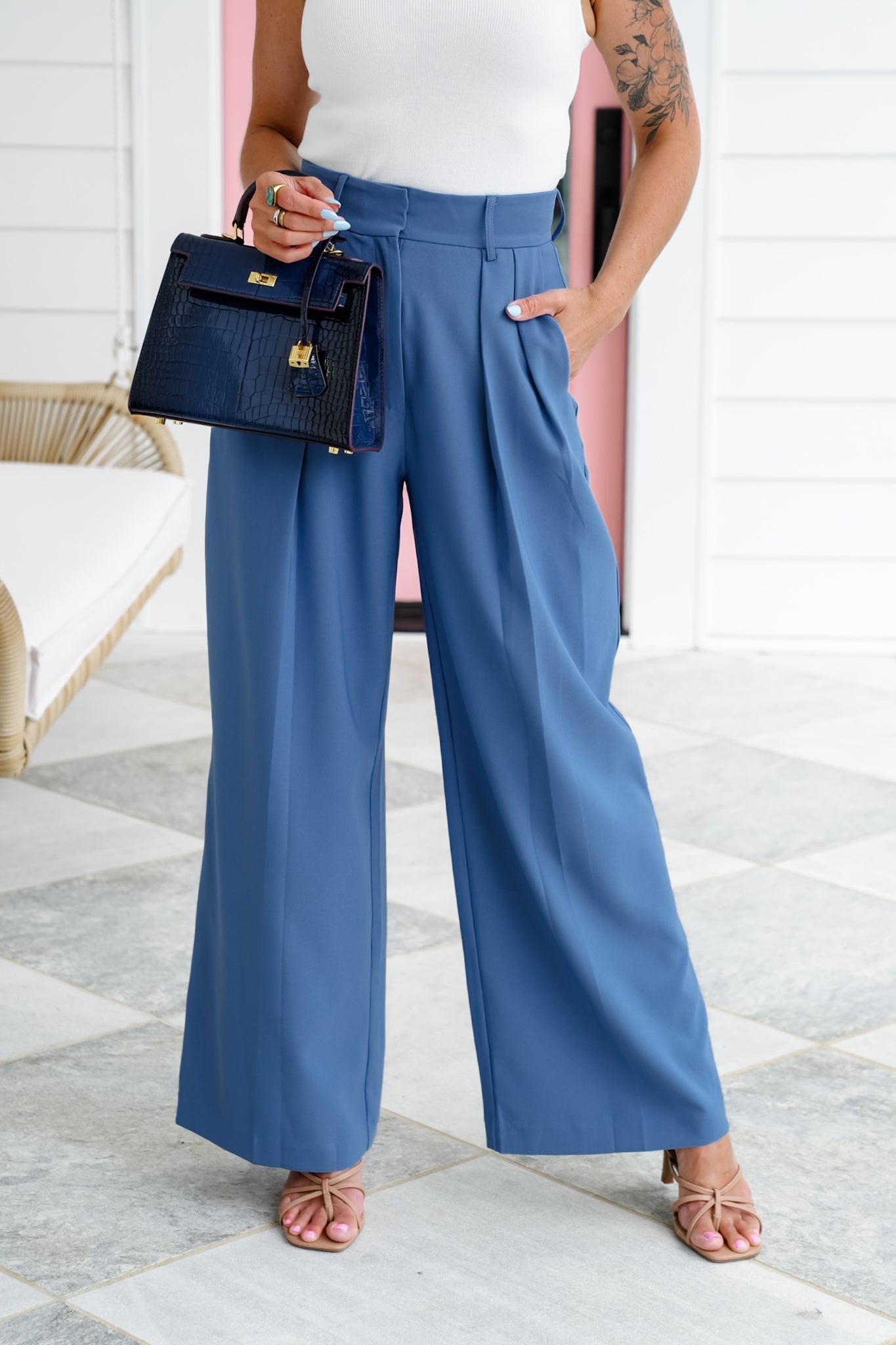 Blue Wide Leg Pleated Pants with Side Pockets