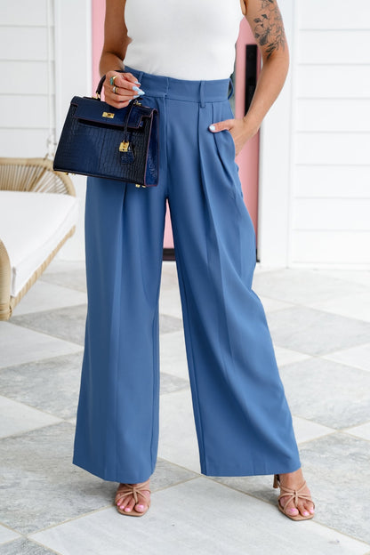 Blue Wide Leg Pleated Pants with Side Pockets